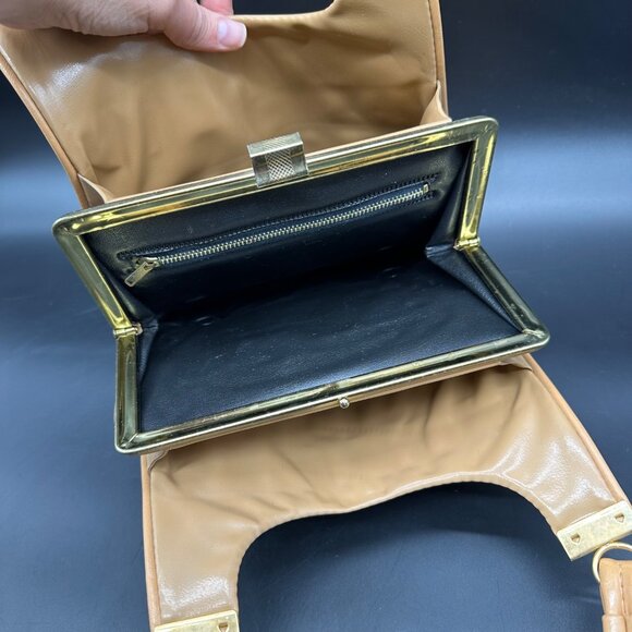 Vintage Purse Vinyl Shoulder Bag Double Strap Beige Tan 1960s Retro Fashion - Picture 4 of 10